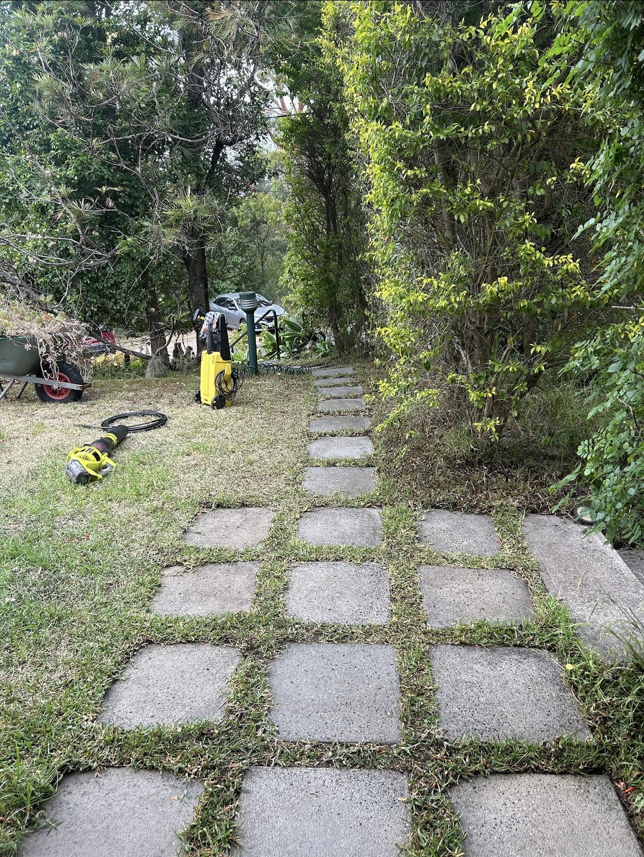 Stepping stone path and pavers cleaned back to a light concrete finish