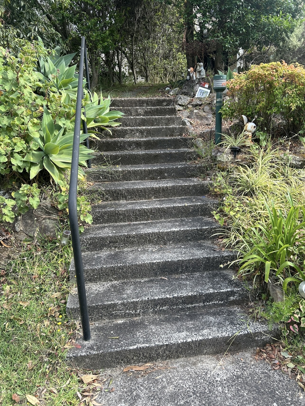 Exposed aggregate front steps blackened with mould and grime before cleaning